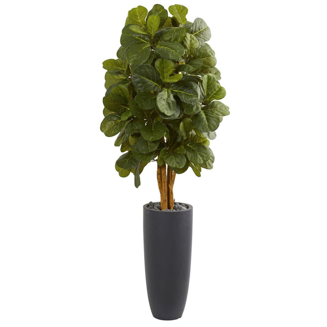 5.5’ Fiddle Leaf Artificial Tree in Gray Cylinder Planter by Nearly Natural