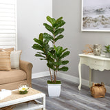 5.5’ Fiddle Leaf Artificial Tree in White Metal Planter(Indoor/Outdoor) by Nearly Natural