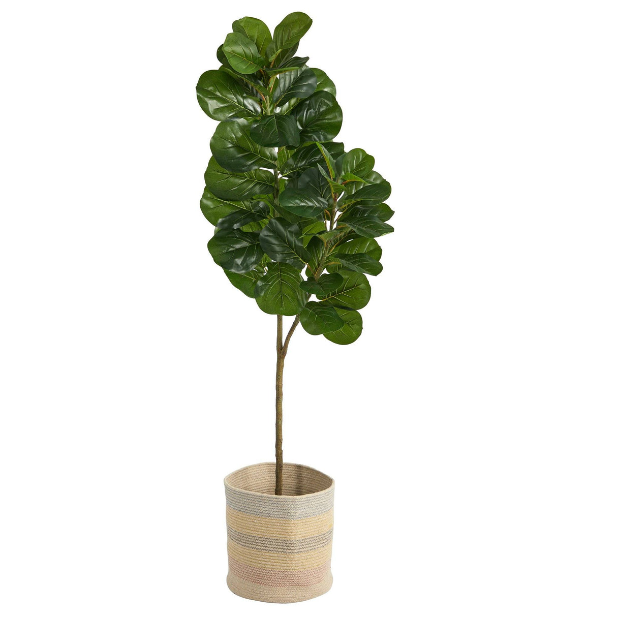 5.5’ Fiddle Leaf Fig Artificial Tree in Handmade Natural Cotton Multicolored Woven Planter by Nearly Natural