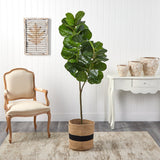 5.5’ Fiddle Leaf Fig Artificial Tree in Handmade Natural Cotton Planter by Nearly Natural