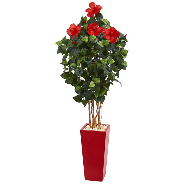 5.5’ Hibiscus Artificial Tree in Red Tower Planter by Nearly Natural