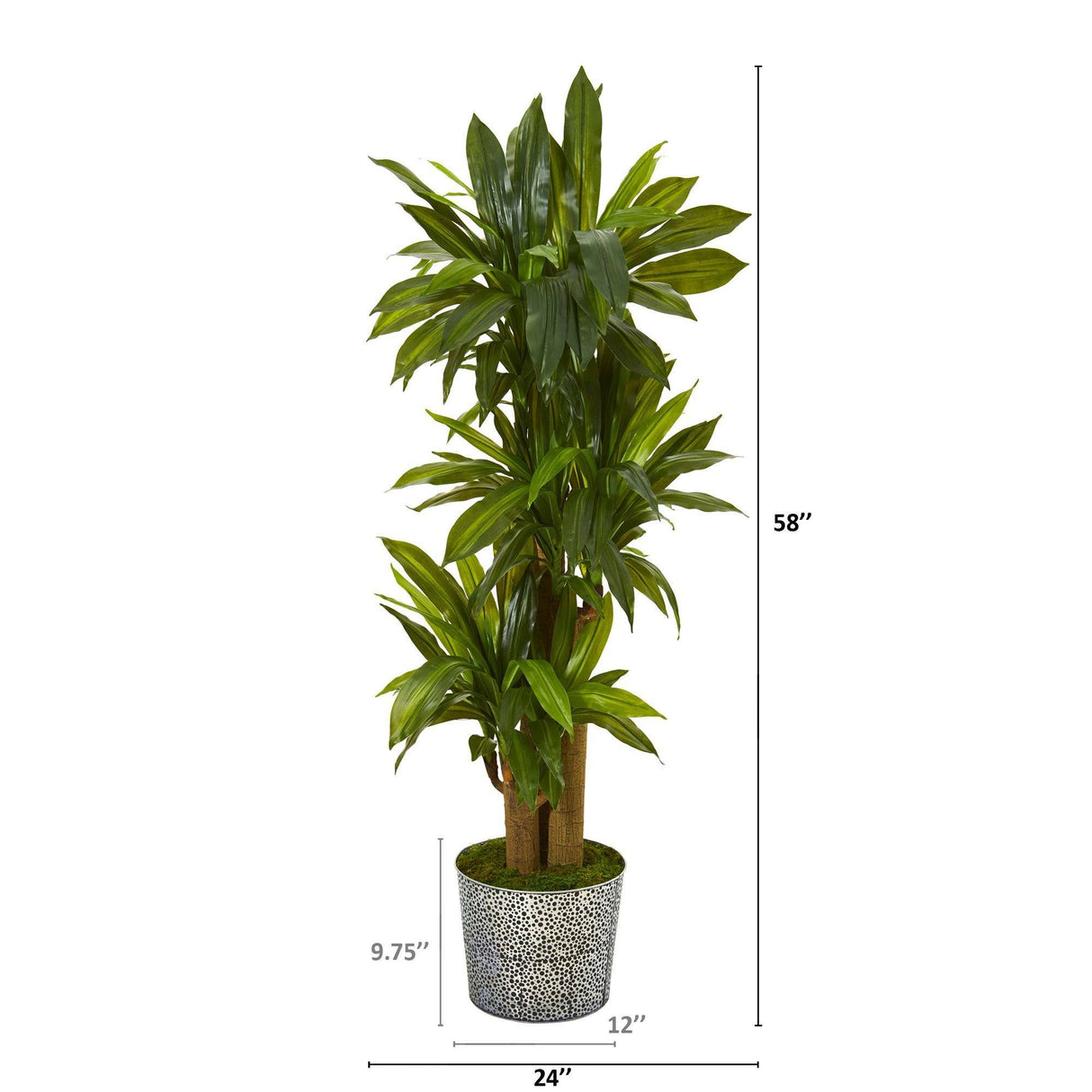 58” Corn Stalk Dracaena Artificial Plant in Black Embossed Tin Planter (Real Touch) by Nearly Natural