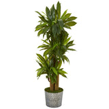 58” Corn Stalk Dracaena Artificial Plant in Black Embossed Tin Planter (Real Touch) by Nearly Natural