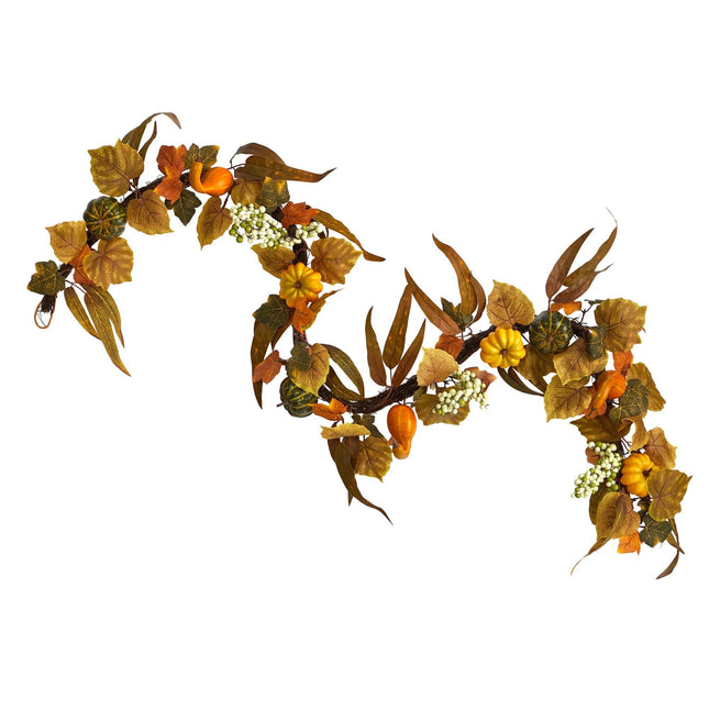 6’ Fall Green and Orange Assorted Pumpkin and Gourds with White Berries Artificial Autumn Garland by Nearly Natural