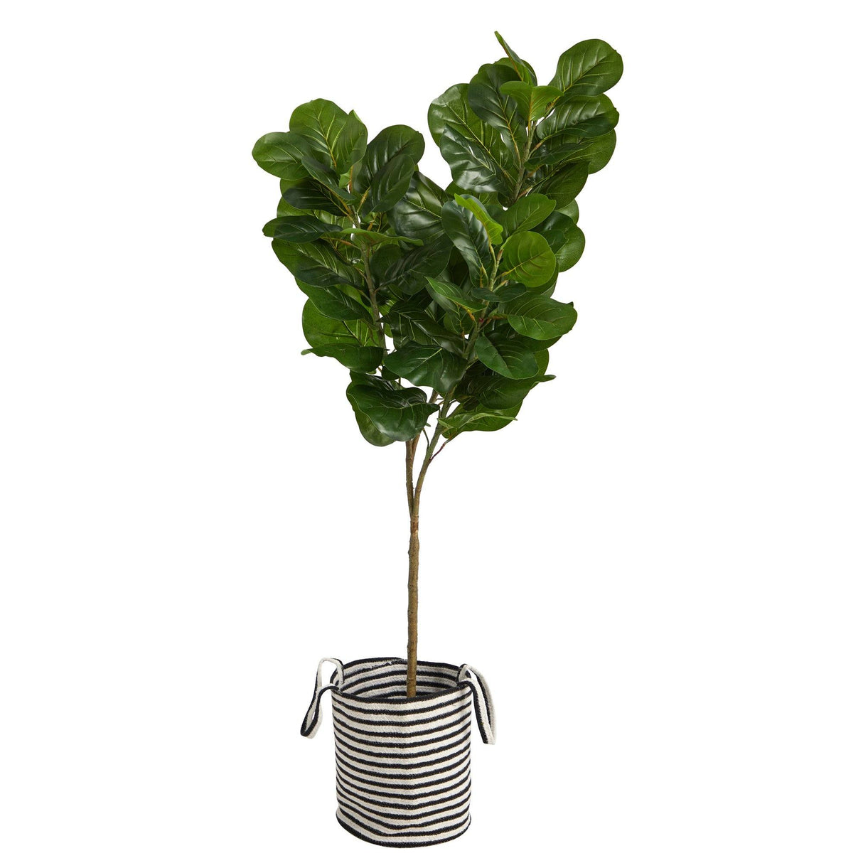 6’ Fiddle Leaf Fig Artificial Tree in Handmade Black and White Natural Jute and Cotton Planter by Nearly Natural