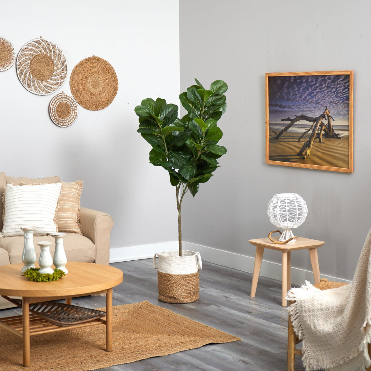 6’ Fiddle Leaf Fig Artificial Tree in Handmade Natural Jute and Cotton Planter by Nearly Natural