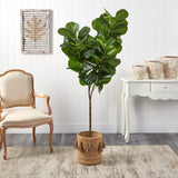 6’ Fiddle Leaf Fig Artificial Tree in Handmade Natural Jute Planter with Tassels by Nearly Natural