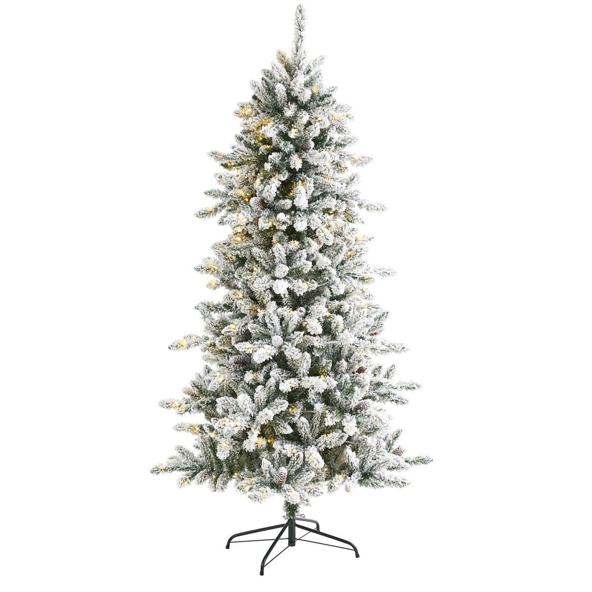 6’ Flocked Livingston Fir Artificial Christmas Tree with Pine Cones and 300 Clear Warm LED Lights by Nearly Natural