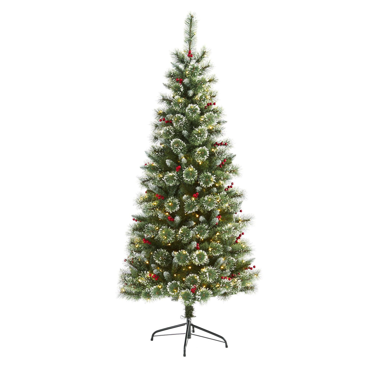 6’ Frosted Swiss Pine Artificial Christmas Tree with 300 Clear LED Lights and Berries by Nearly Natural