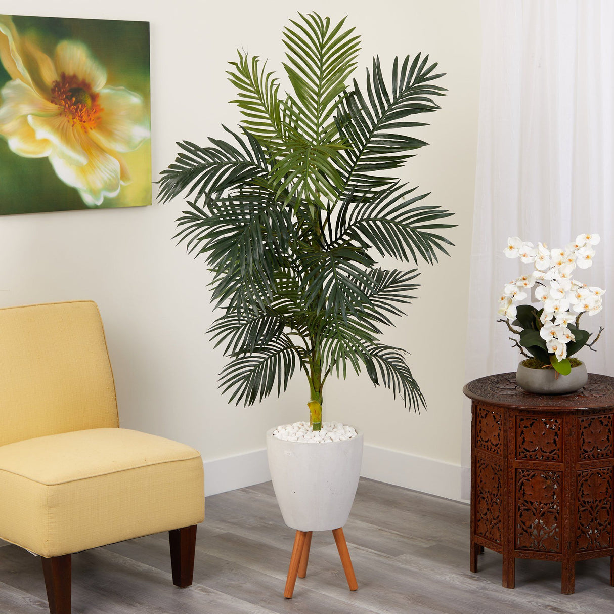 6’ Golden Cane Artificial Palm Tree in White Planter with Stand by Nearly Natural