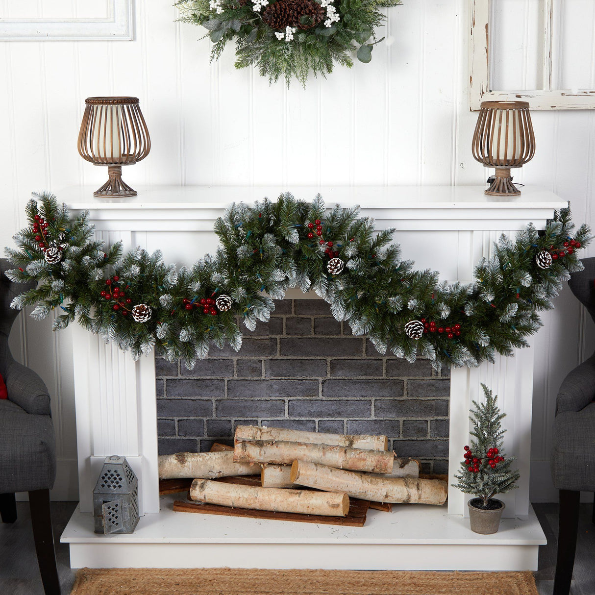 6' Snow Tipped Extra Wide Christmas Garland with Pinecones, Berries and 100 Multicolor LED Lights by Nearly Natural