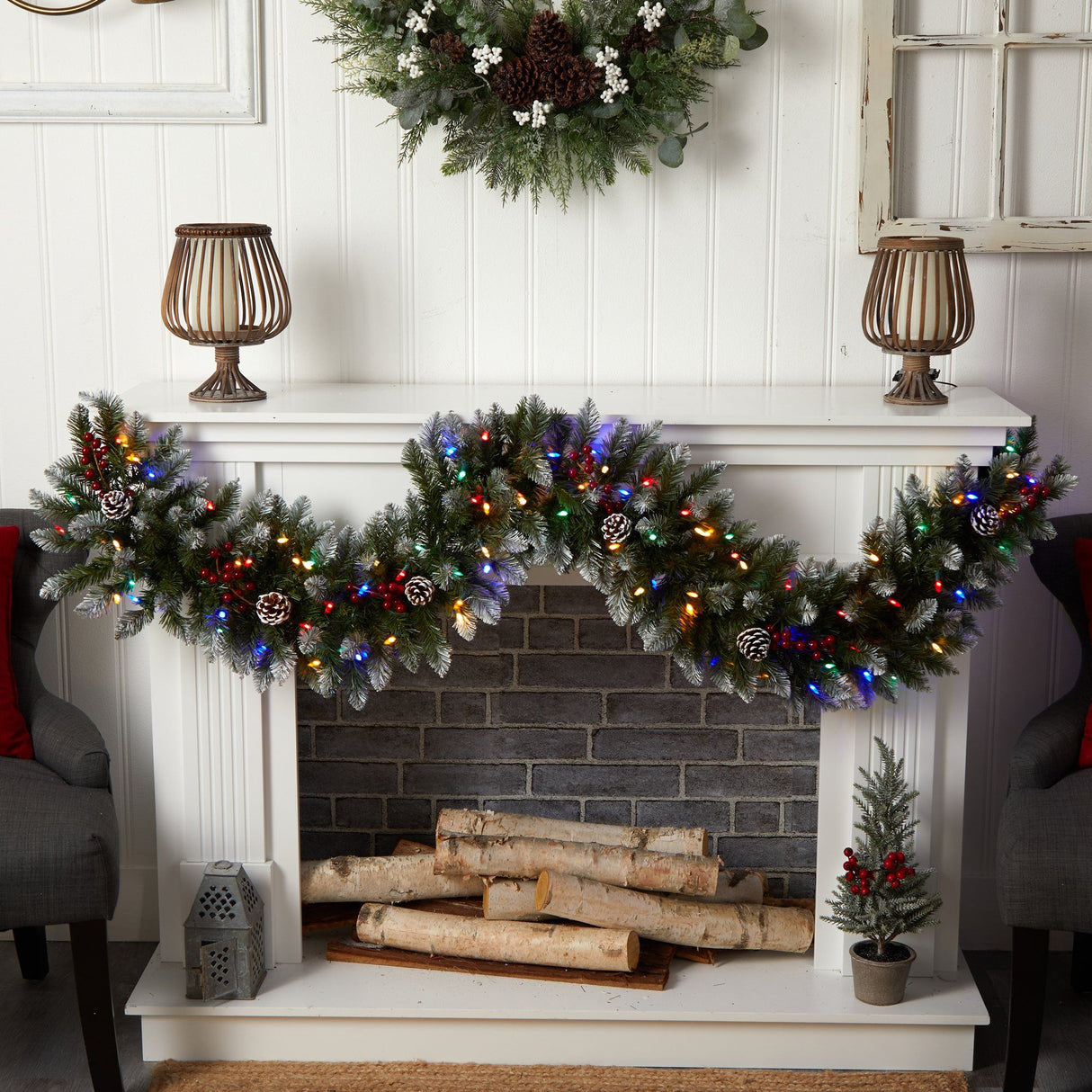 6' Snow Tipped Extra Wide Christmas Garland with Pinecones, Berries and 100 Multicolor LED Lights by Nearly Natural