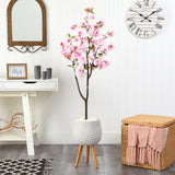 63” Cherry Blossom Artificial Tree in White Planter with Stand by Nearly Natural