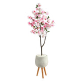 63” Cherry Blossom Artificial Tree in White Planter with Stand by Nearly Natural