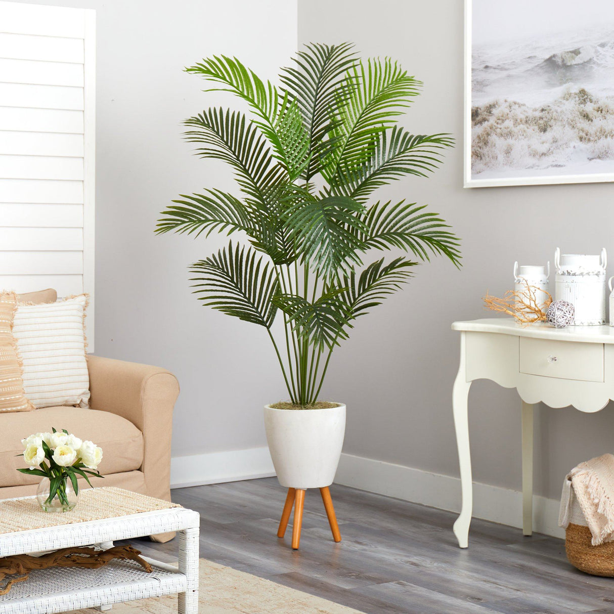 6.5’ Golden Cane Artificial Palm Tree in White Planter with Stand by Nearly Natural