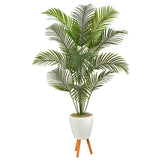 6.5’ Golden Cane Artificial Palm Tree in White Planter with Stand by Nearly Natural