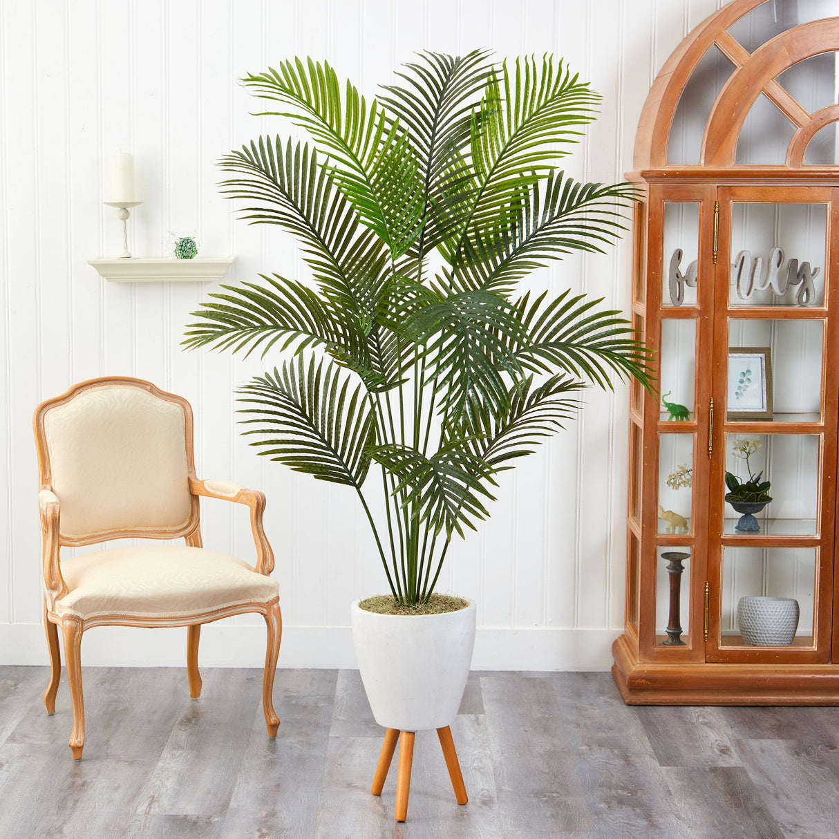 6.5’ Golden Cane Artificial Palm Tree in White Planter with Stand by Nearly Natural