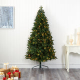 7’ Grand Teton Spruce Flat Back Artificial Christmas Tree with 220 Clear LED Lights and 953 Bendable Branches by Nearly Natural