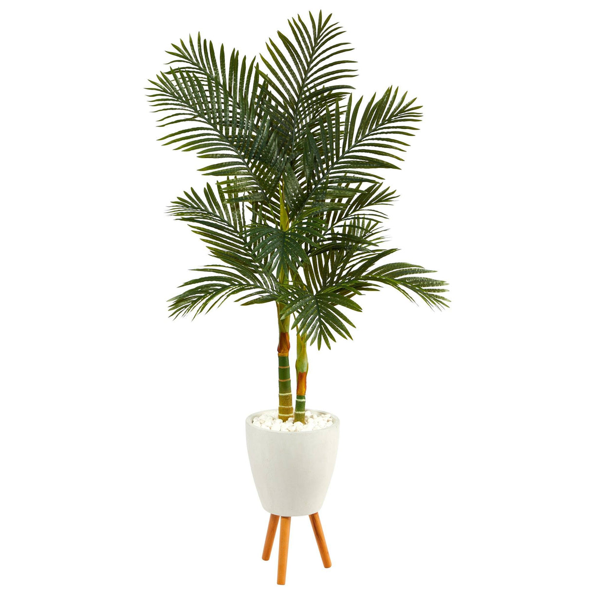 70” Golden Cane Artificial Palm Tree in White Planter with Stand by Nearly Natural