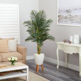 70” Golden Cane Artificial Palm Tree in White Planter with Stand by Nearly Natural