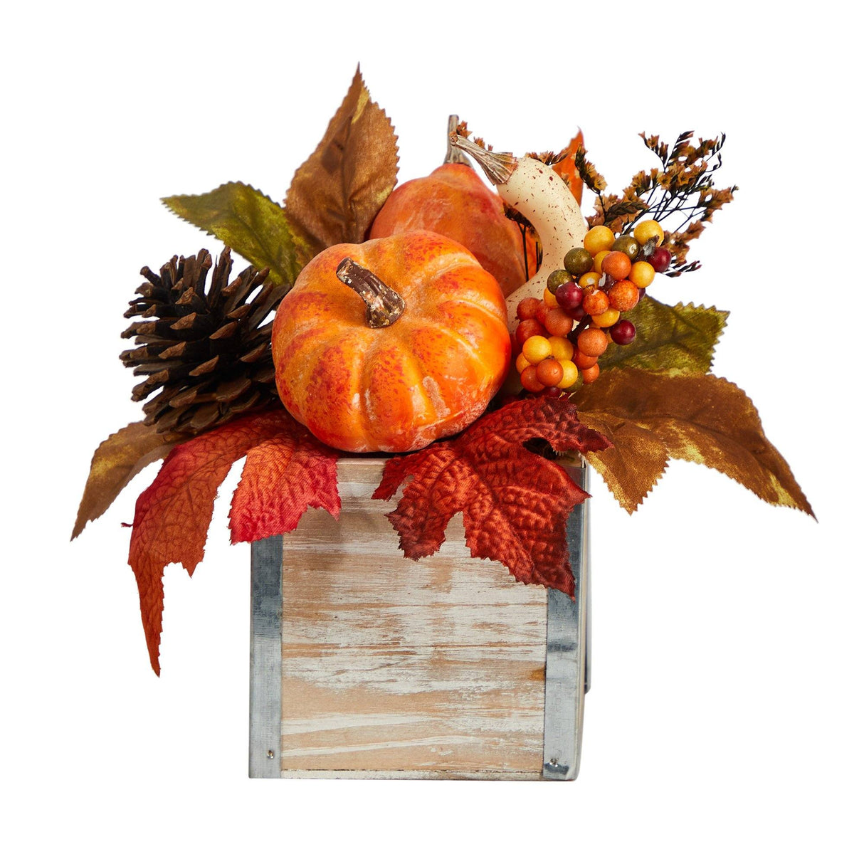 8” Fall Pumpkin, Gourd, Berries and Pinecones Artificial Autumn  Arrangement in Natural Washed Vase by Nearly Natural