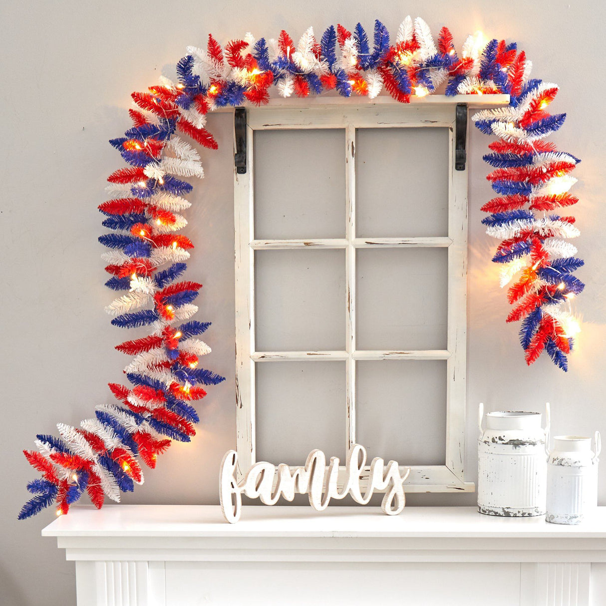 9’ Patriotic “American Flag” Themed Artificial Garland with 50 Warm LED Lights by Nearly Natural