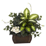 African Violet, Dieffenbachia & Ivy w/Chest Silk Plant by Nearly Natural