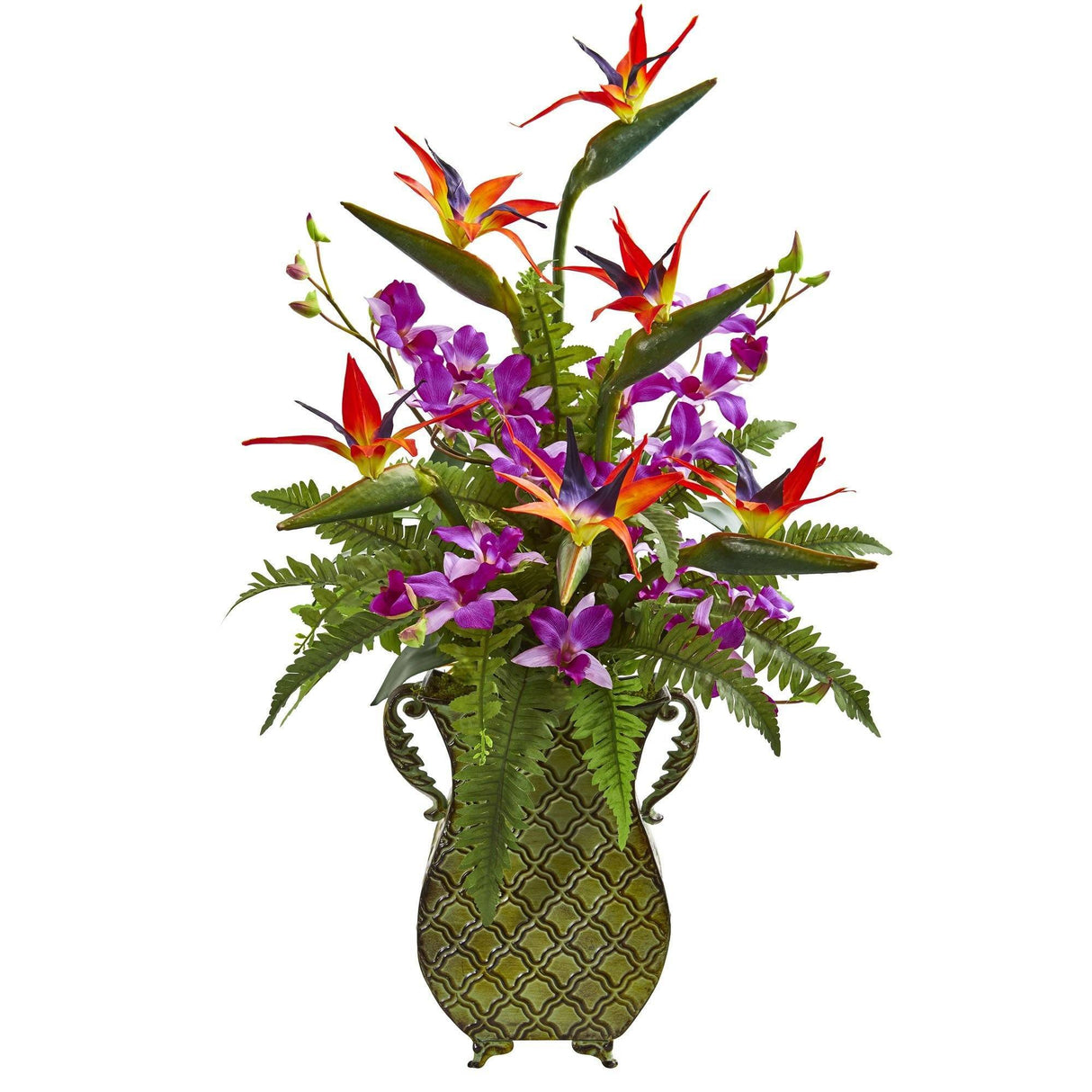 Bird of Paradise, Orchid and Fern Artificial Arrangement in Metal Planter by Nearly Natural