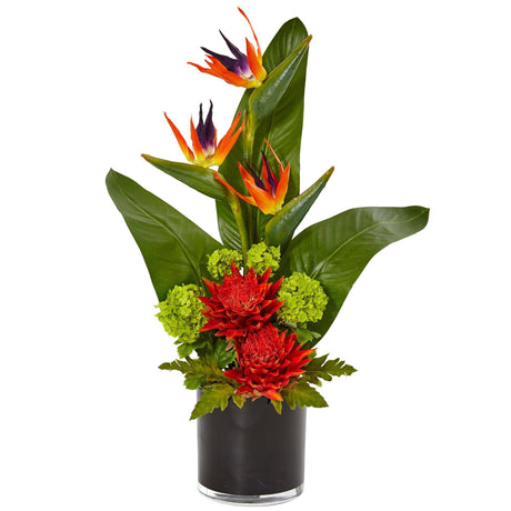 Bird of Paradise Tropical Arrangement in Black Vase by Nearly Natural