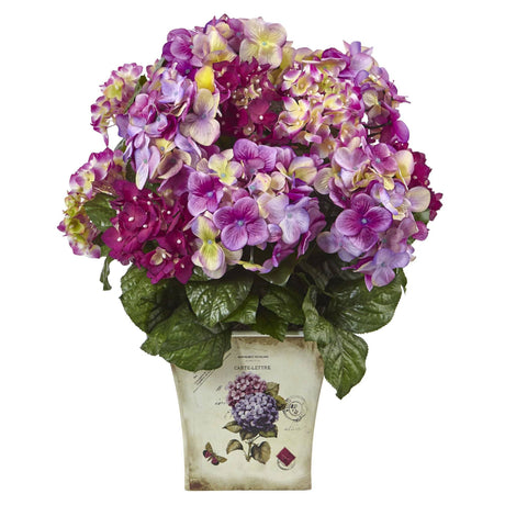 Blue, Purple, White Hydrangea w/Floral Planter by Nearly Natural