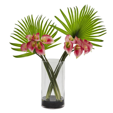 Calla Lily and Fan Palm Artificial Arrangement in Cylinder Glass by Nearly Natural