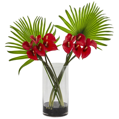 Calla Lily and Fan Palm Artificial Arrangement in Cylinder Glass by Nearly Natural