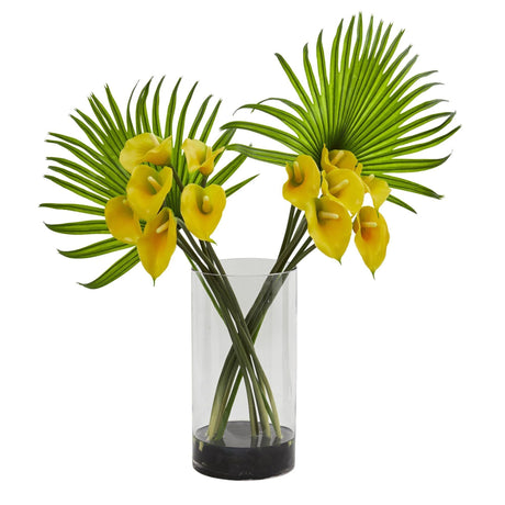 Calla Lily and Fan Palm Artificial Arrangement in Cylinder Glass by Nearly Natural