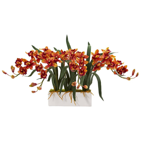 Cymbidium Artificial Arrangement in White Vase by Nearly Natural