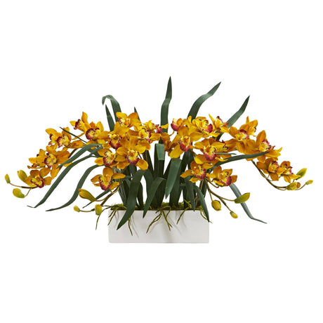 Cymbidium Artificial Arrangement in White Vase by Nearly Natural