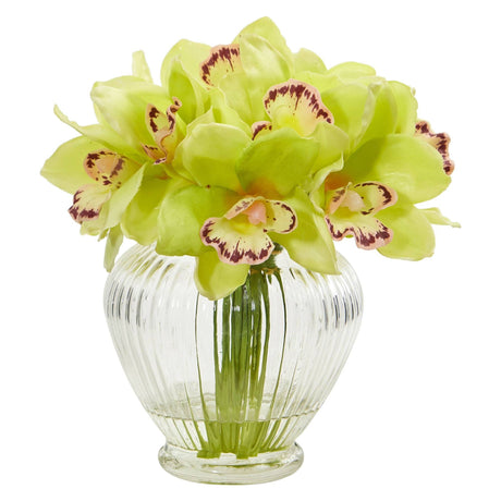 Faux Cymbidium Orchid Artificial Arrangement in Glass Vase by Nearly Natural