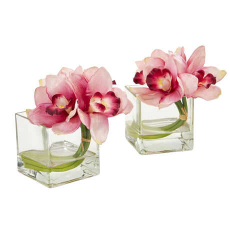 Cymbidium Orchid Artificial Arrangement in Glass Vase (Set of 2) by Nearly Natural