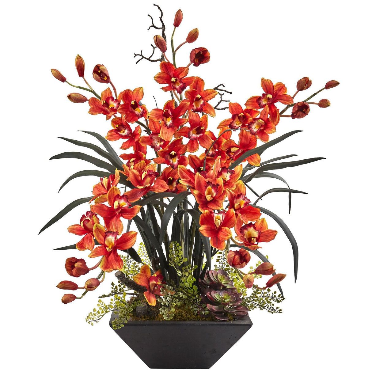 Cymbidium Orchid with Black Vase by Nearly Natural