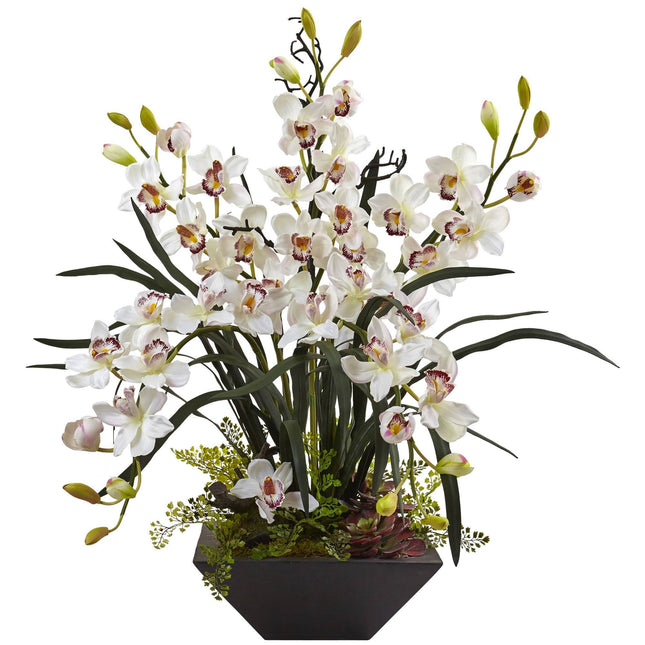 Cymbidium Orchid with Black Vase by Nearly Natural