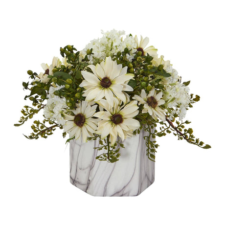 Daisy Artificial Arrangement in Marble Finished Vase by Nearly Natural