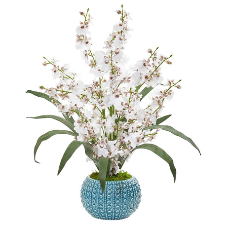 Dancing Lady Orchid Artificial Arrangement in Blue Vase by Nearly Natural