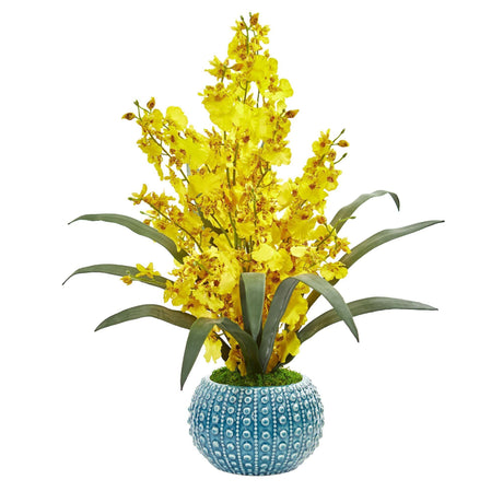 Dancing Lady Orchid Artificial Arrangement in Blue Vase by Nearly Natural