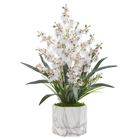 Dancing Lady Orchid Artificial Arrangement in Marble Finished Vase by Nearly Natural