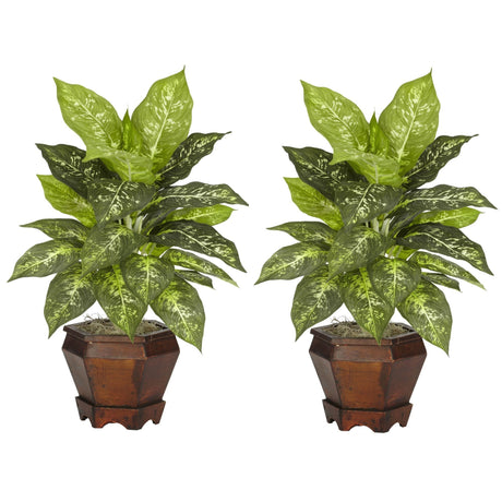 Dieffenbachia w/Wood Vase Silk Plant (Set of 2) by Nearly Natural