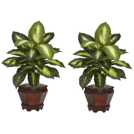 Dieffenbachia w/Wood Vase Silk Plant (Set of 2) by Nearly Natural