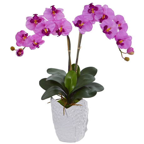 Double Phalaenopsis Orchid in White Vase by Nearly Natural