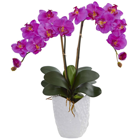 Double Phalaenopsis Orchid in White Vase by Nearly Natural