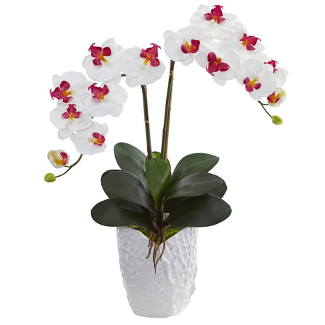 Double Phalaenopsis Orchid in White Vase by Nearly Natural