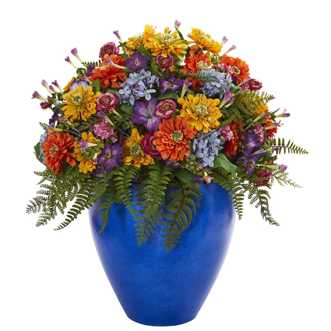 Giant Mixed Floral Artificial Arrangement in Blue Vase by Nearly Natural