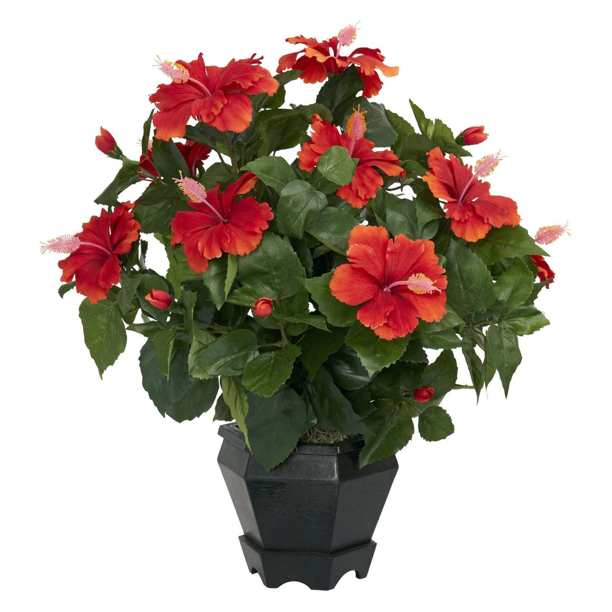 Hibiscus w/Black Hexagon Vase Silk Plant by Nearly Natural